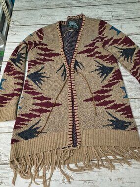 Roots Canada Southwestern Fringe Cardigan Sweater Wool Blend Open Front Tie Smal